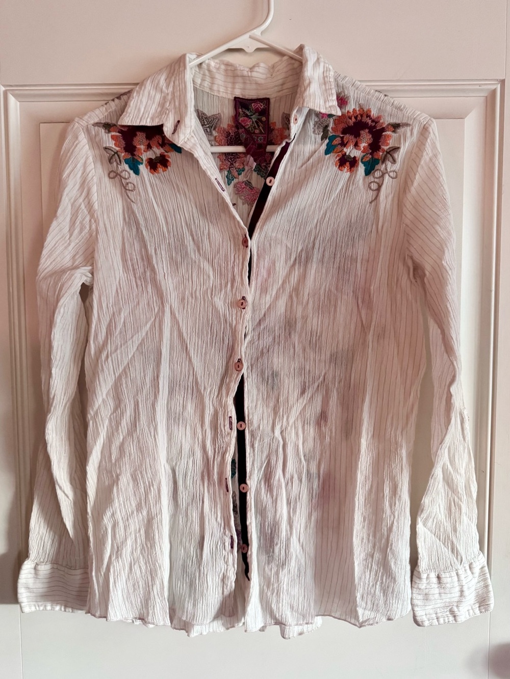 Johnny Was White stripe Button-Down Shirt with Multicolor Floral Embroidery bird